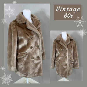 Vintage 60s Plush Faux Fur Taupe PeaCoat Groovy Mod Bohemian Punk Fall Winter